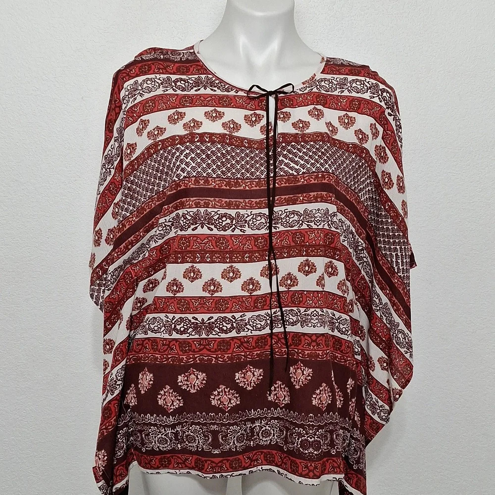 No Comment *NEW* Bohemian Red White Hippie Kimono Sleeve Gypsy Boho Blouse Sz. M